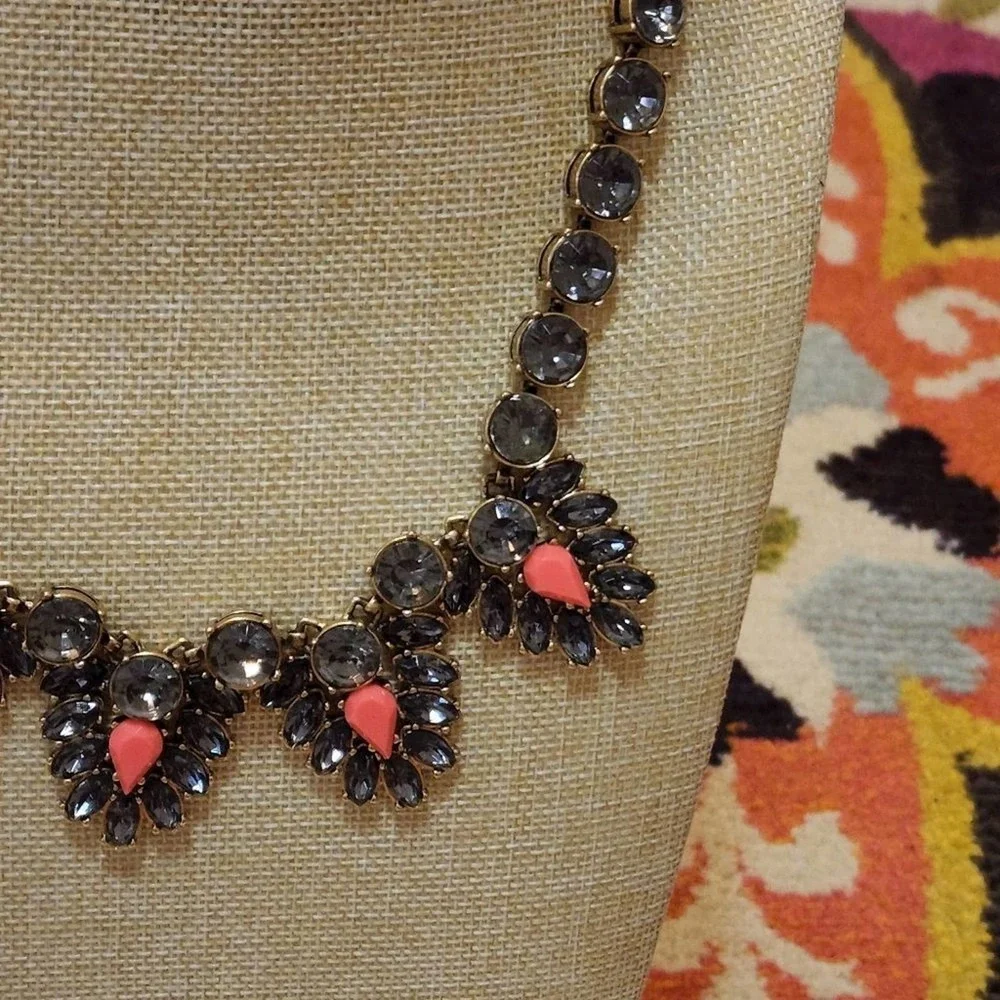J. Crew navy‎ and coral jeweled art deco BRÛLÉE statement necklace